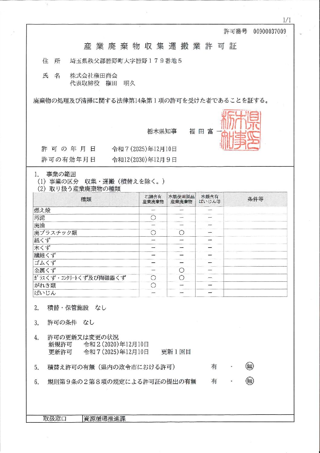 許可証（収集運搬：栃木県）
